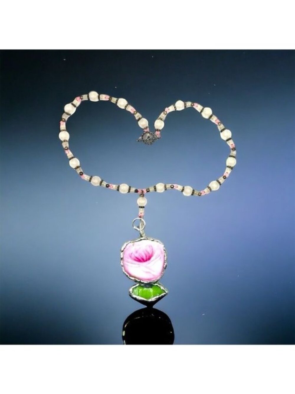 Pink Rose Broken China & Sea Glass Pendant | Pink Quartz Necklace | Alma Antigua - Picture 3 of 11